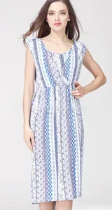 Détails de robe d'allaitement col en V avec imprimé floral géométrique bleu et blanc