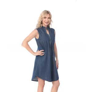 Detail of dark blue sleeveless maternity denim dress with zipper and adjustable waist
