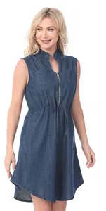 Close-up of sleeveless maternity denim dress with zipper collar and adjustable waist drawstring