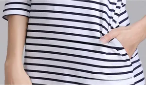 Gros plan sur la poche latérale d'une robe de maternité rayée en coton doux