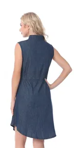 Detail of a dark blue sleeveless maternity denim dress featuring an adjustable elastic waist