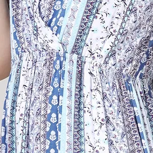 Détail de la taille élastique et imprimé paisley sur robe d'été pour maternité
