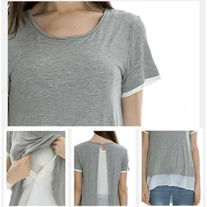 Gray layered maternity and nursing t-shirt with back button detail and double-layer design