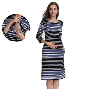 Women's Striped Maternity Nursing Dress Cotton Blend Round Neck 3/4 Sleeve Breastfeeding Dress For Postpartum Daily Wear