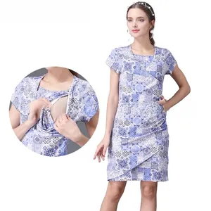 Detail of invisible zipper opening for nursing on blue floral maternity dress