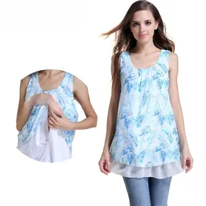 Detail view of double-layer nursing opening on sleeveless chiffon floral maternity top