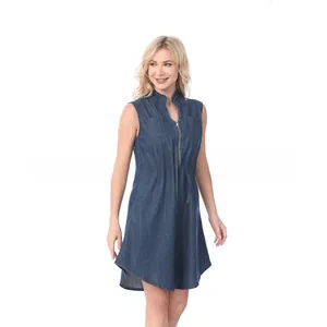Detail of dark blue denim maternity dress with zipper front and drawstring waist