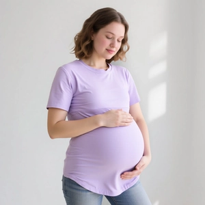 Short sleeve cotton maternity T-shirt in lavender with curved hem and nursing zipper access