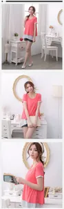 Detailed views of a pink maternity nursing top with white chiffon faux layered hem design