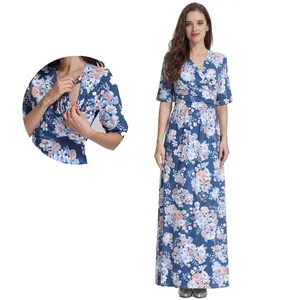 Floral Tie-Dye Maternity Nursing Maxi Dress With V-Neck Adjustable Belt Short Sleeve Pregnancy Dress For Women Cotton Blend