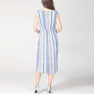 Vue arrière d'une robe d'allaitement sans manches avec rayures ethniques et taille élastique