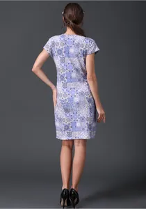 Detail view of the back of a slim V-neck nursing dress with blue floral print