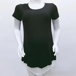 Detail showing faux two-piece maternity nursing t-shirt with black outer and white hem