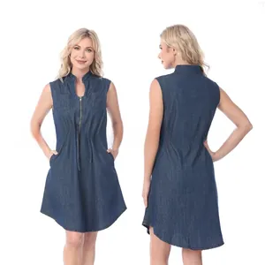 Front and back view of a dark blue sleeveless denim maternity dress with adjustable waist