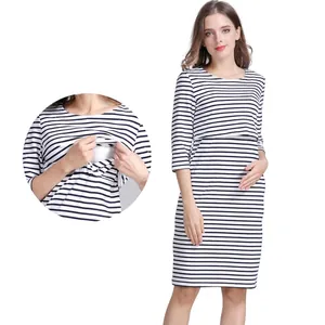 Robe de Maternité Femme Robe d'Allaitement en Mélange de Coton Rayé Coupe Ajustée Demi-Manches Ouverture d'Allaitement