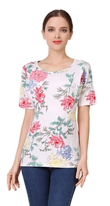 Detailed view of floral print and soft cotton fabric on a maternity nursing t-shirt
