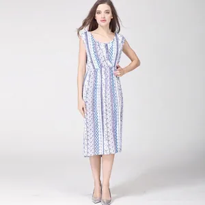 Détail d'une robe de maternité sans manches en coton à rayures bleues et taille haute