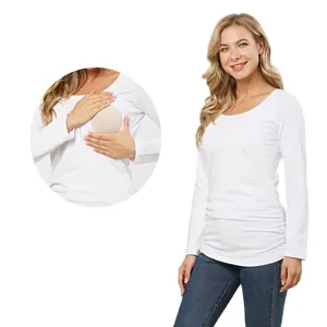 Haut d'Allaitement pour Femmes Manches Longues Coton Plissé T-Shirt de Grossesse Imprimé Léopard Floral