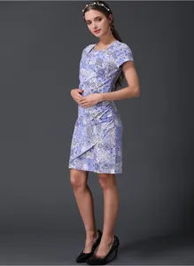 Detail of the blue floral wrap V-neckline and high-quality printed cotton fabric texture