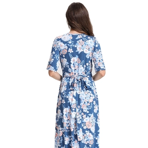Floral maternity maxi dress in dark blue with v-neck and adjustable back waist tie