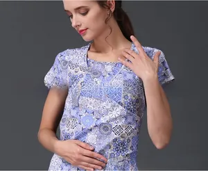 Detail of V-neck nursing dress with blue and white floral mandala print pattern