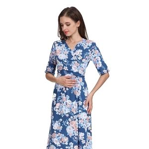 Floral V-neck maternity maxi dress in navy blue with adjustable belt for comfort