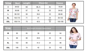 Detailed size chart for cotton nursing t-shirt with measurements for S to XXL sizes