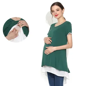 Women's Casual Maternity Nursing T-Shirt Short Sleeve Modal Patchwork Solid Color Pregnancy Top Breastfeeding Wear