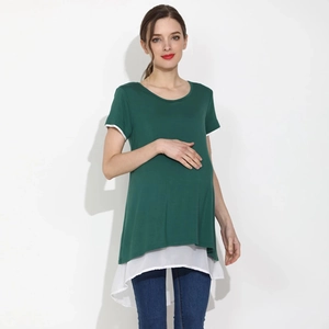 Loose maternity short-sleeve T-shirt in dark green with a stylish layered hem design