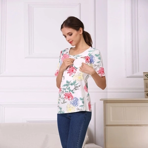 Floral print cotton maternity nursing t-shirt with side opening for breastfeeding