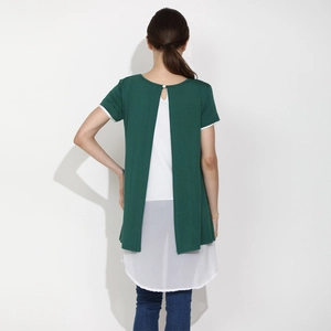 Loose maternity fake two-piece short sleeve t-shirt with back slit in dark green and white