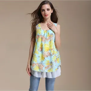 Detail of floral chiffon maternity top featuring double-layer hem and modal lining
