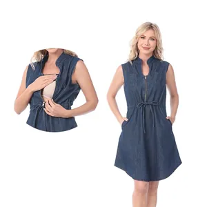 Maternity Nursing Denim Dress Sleeveless Stand Collar Front Zipper Breastfeeding Pregnancy Clothing With Drawstring Waist