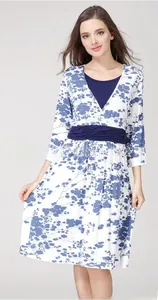 Detail of V-neckline and blue floral print on this maternity nursing dress
