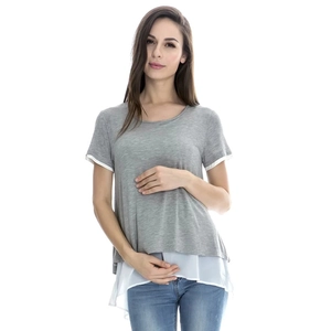 Gray maternity t-shirt with short sleeves and white chiffon double-layered faux two-piece hem