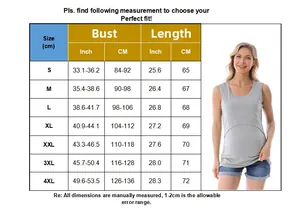 Size chart for maternity nursing tank top showing bust and length from S to 4XL