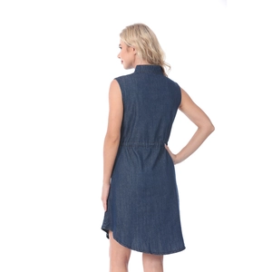 Sleeveless dark blue denim maternity dress with adjustable waist and curved hemline