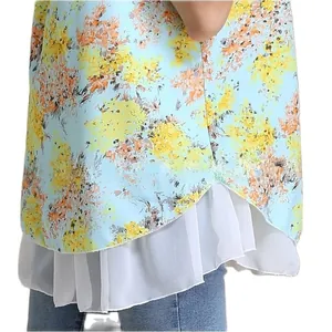 Detail of floral chiffon maternity top showing layered hem and curved double stitching