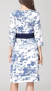 Detail of floral maternity dress with back waist design and blue floral patterns