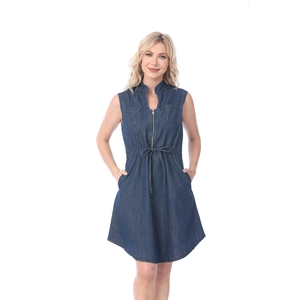 Women sleeveless maternity denim dress with front zipper and adjustable drawstring waist