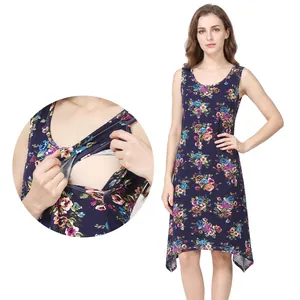 Robe d'Allaitement d'Été en Modal Doux pour Femmes Imprimé Floral Sans Manches Robe de Maternité Ourlet Irrégulier Ample