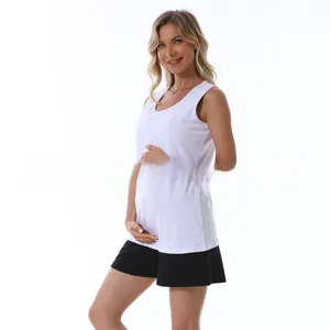 Detail of breathable white maternity tank top and black shorts set for summer comfort