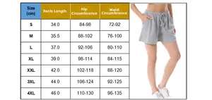 Size chart in cm for casual cotton women's shorts showing length, hip, and waist dimensions