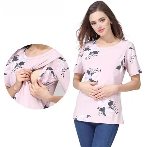 Detail of pink floral maternity shirt showing the functional nursing opening design