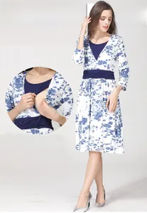 Detail of hidden breastfeeding opening on V-neck floral maternity dress with blue sash
