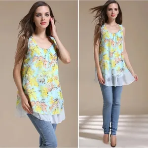 Detail view of double-layer nursing top with floral chiffon and mock layered hemline