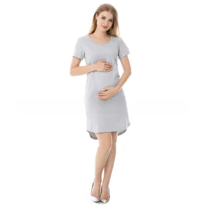 Short sleeve light gray maternity nursing dress with front-short and back-long hem design
