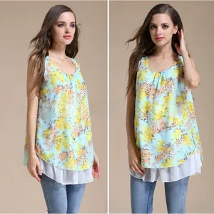 Detail of floral chiffon sleeveless maternity top with layered ruffle hem and round neck