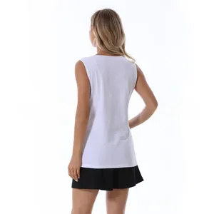 Rear view of white sleeveless cotton tank top and black pleated mini skirt set