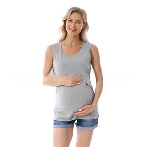 Detail of grey maternity tank top with functional layered nursing opening design